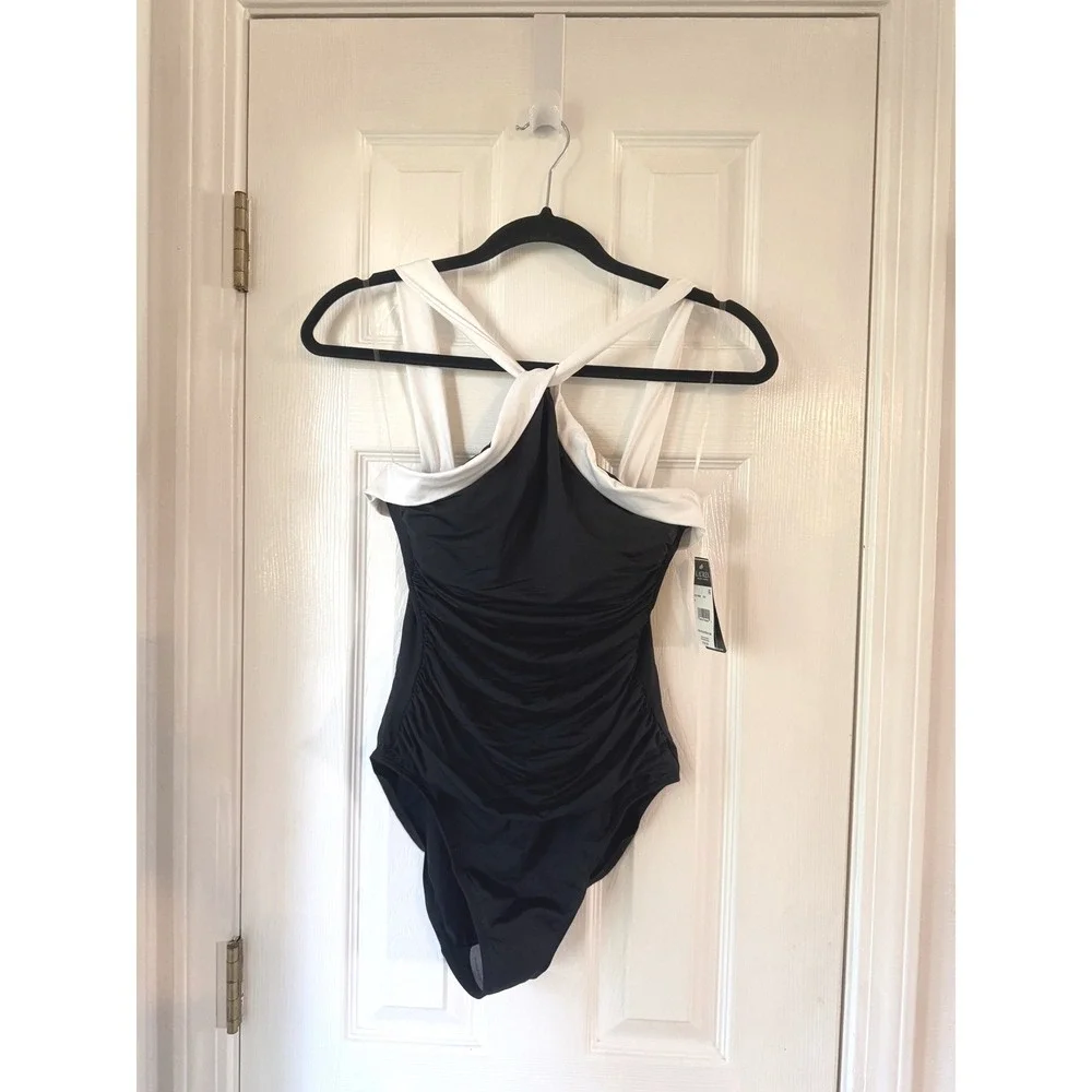 Lauren Ralph‎ Lauren Black White Ruched One Piece Swimsuit Halter 8 NEW 20110008